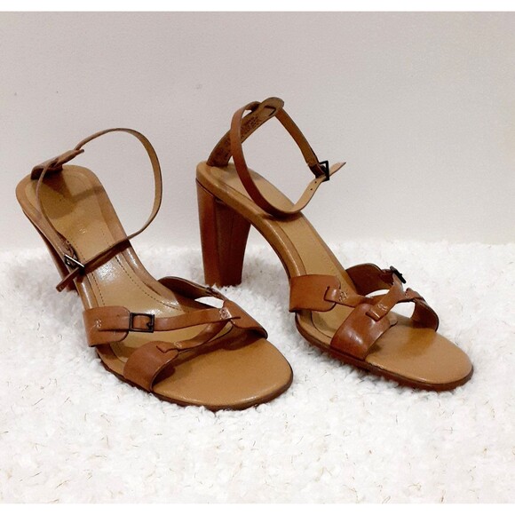 Enzo Angiolini Leather Strappy Sandals Heels Size 9 Brown Kimi Buckle Block - Picture 1 of 9